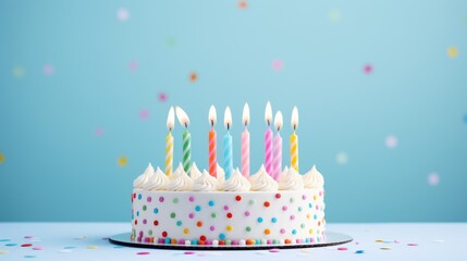 Celebration birthday cake with colorful sprinkles and colorful birthday candles