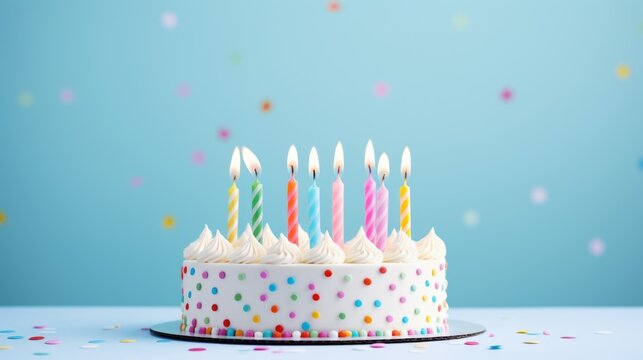 Celebration birthday cake with colorful sprinkles and colorful birthday candles