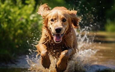 Golden Retriever dog after rain happiness