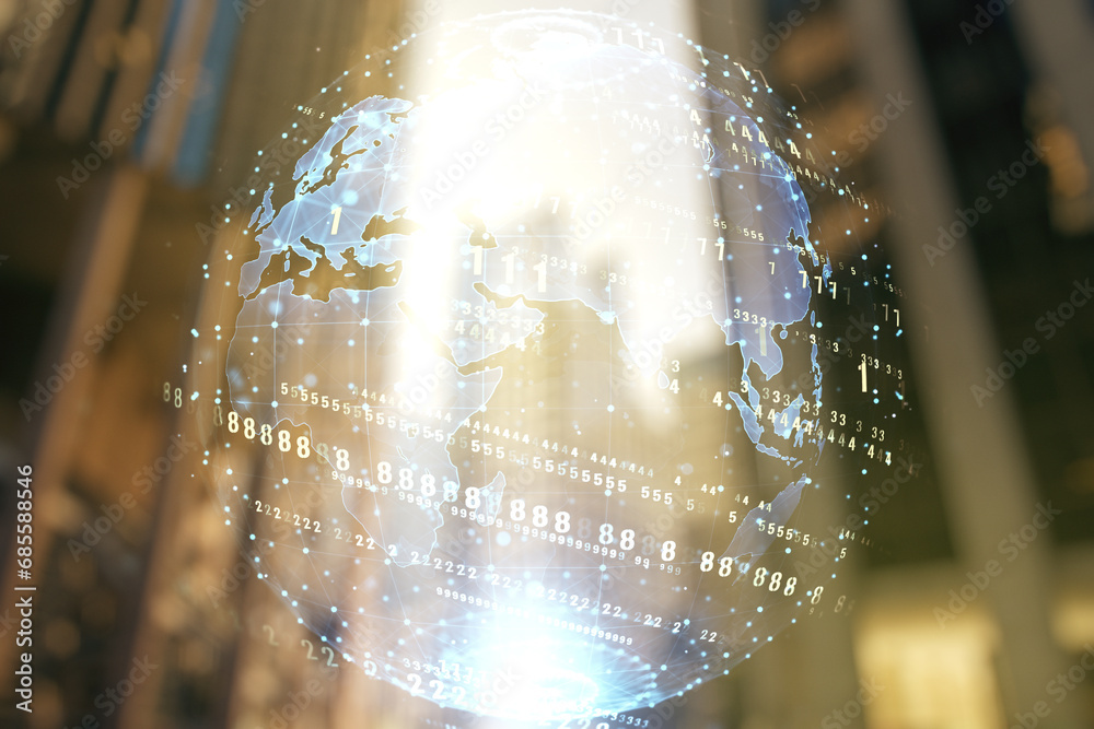 Poster multi exposure of abstract programming language hologram and world map on blurry cityscape backgroun