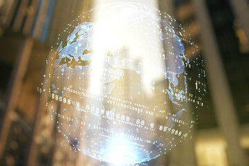Multi exposure of abstract programming language hologram and world map on blurry cityscape...