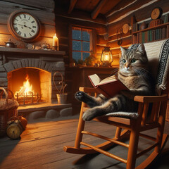 A cat sits by the fireplace, engrossed in a book.