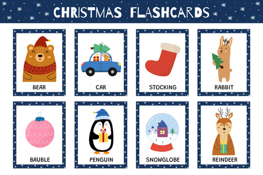 Christmas flashcards collection for kids. Flash cards set with cute winter characters for school and preschool. Learning to read activity for children. Vector illustration