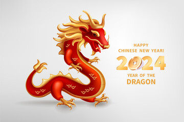 Dragon is a symbol of the 2024 Chinese New Year. Realistic 3d figure of red-golden Dragon isolated on a white background. Holiday vector illustration of Zodiac Sign Long Dragon - 685588702