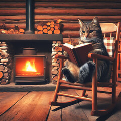 A cat sits by the fireplace, engrossed in a book.