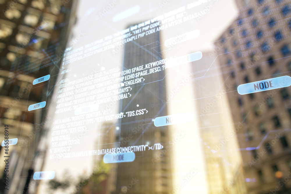 Leinwandbilder double exposure of abstract creative programming illustration on blurry cityscape background, big da