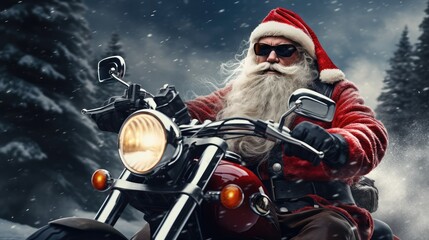 Unconventional biker Santa Claus riding a fast motorbike and delivering Christmas gifts. AI generated. © Vitali