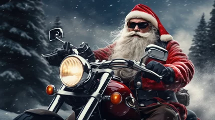Foto op Plexiglas Unconventional biker Santa Claus riding a fast motorbike and delivering Christmas gifts. AI generated. © Vitali