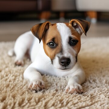 A tired Jack Russell lies on the carpet. Pet care concept. AI generated.