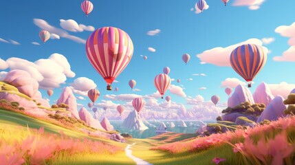 Dreamy Hot Air Balloons in a Simple Sky. 3D Illustration.