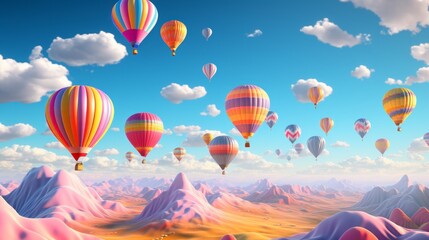 Dreamy Hot Air Balloons in a Simple Sky. 3D Illustration.