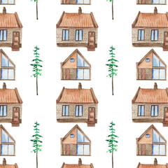 Watercolor pattern of a simple wooden house and fir tree, rustic old one on a white background