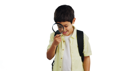 Isolated boy child, magnifying glass or happy for learning, exploring or analysis by transparent png background. Kid, lens and smile for zoom, thinking or ideas for education with backpack for school