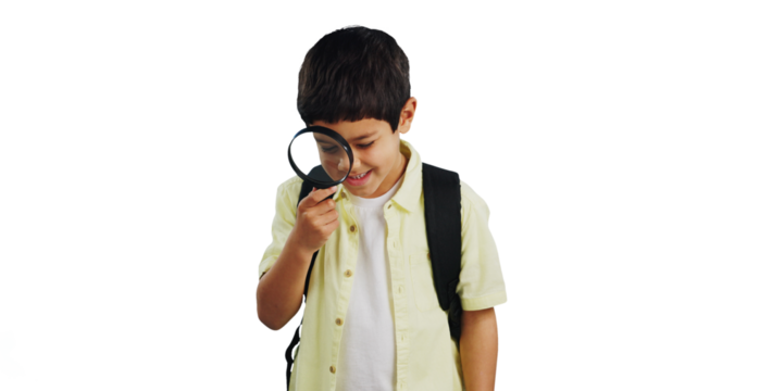 Isolated boy child, magnifying glass or happy for learning, exploring or analysis by transparent png background. Kid, lens and smile for zoom, thinking or ideas for education with backpack for school - Powered by Adobe