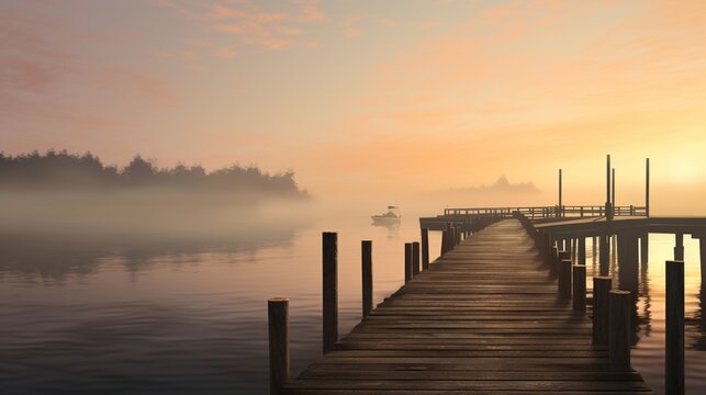 A peaceful coastal scene with a wooden jetty extending into calm waters, surrounded by mist in the early morning.