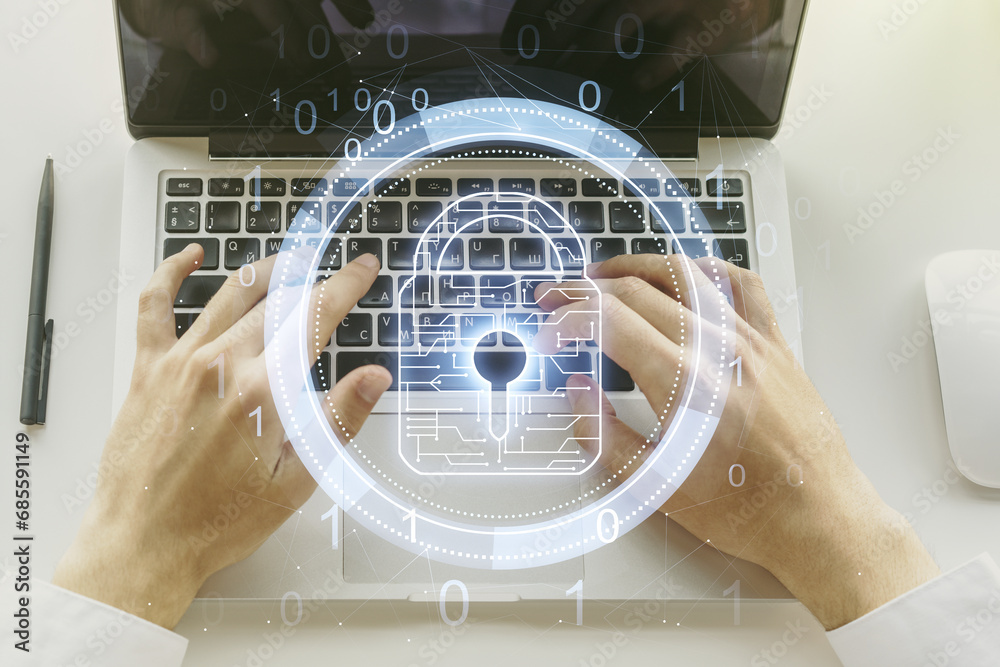 Poster creative lock illustration with microcircuit and hands typing on computer keyboard on background, cy
