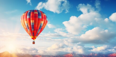 Fototapeta na wymiar Closeup of hot air balloon in blue cloudy sky 