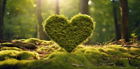 Forest love background - Wooden mossy herat on moss in the woods, illuminated by the sun 