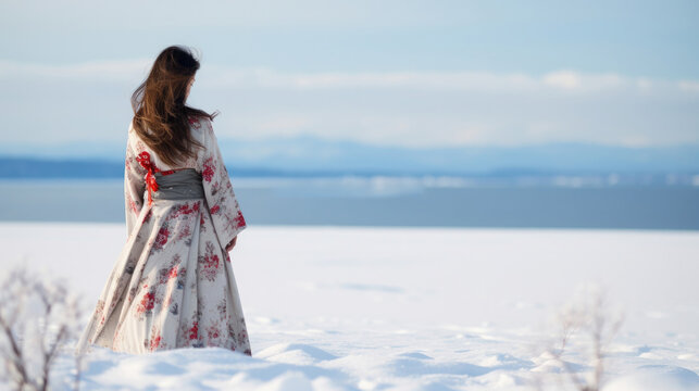 a girl in red Kimono with umbrella with white snow, Hokkaido, Japan.