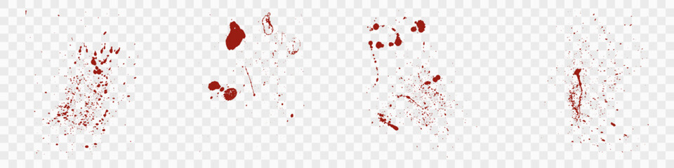 Bloodstain Splat Set. Blood Splatter Collection. Drop Splash. Red Ink Spatter. Grunge Pattern. Paint Stain Texture. Abstract Design Element on Transparent Background. Isolated Vector Illustration - obrazy, fototapety, plakaty