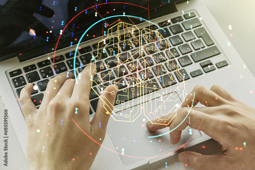 Poster double exposure of creative artificial intelligence symbol with hands typing on laptop on background