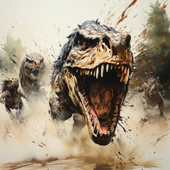 Dinosaurier T-Rex mit Wasserfarben gezeichnet - obrazy, fototapety, plakaty
