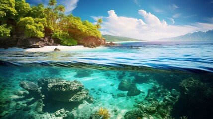 A picturesque scene of a coral reef visible through crystal clear waters in the littoral zone.