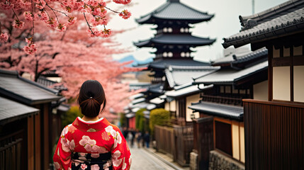 Asian woman wearing Japanese traditional kimono at Yasaka Pagoda and Sannen Zaka Street in Kyoto, Japan. - obrazy, fototapety, plakaty