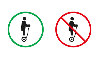Electric Unicycle Hoverboard Gyroscooter Red and Green Signs. Gyro Scooter, Monowheel Silhouette Icons Set. Allowed and Prohibited Danger Transport Pictogram. Isolated Vector Illustration
