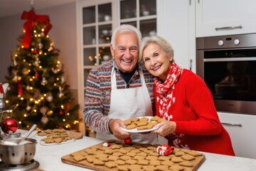Happy elder Caucasian couple cooks gingerbread men for Christmas holiday at home. Happy man and woman enjoy baking snacks for grandchildren. Cheerful grandparents make biscuits in kitchen