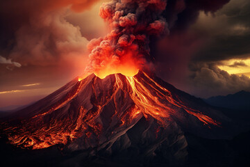 illustration of a volcanic eruption. natural disaster. Created with Generative AI - obrazy, fototapety, plakaty
