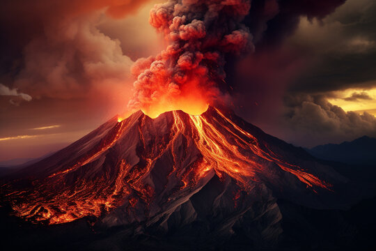 illustration of a volcanic eruption. natural disaster. Created with Generative AI