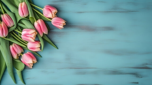 Tulip border with copy space. Beautiful frame composition of spring flowers. Bouquet of pink tulips flowers on turquoise blue vintage wooden background. Generative AI.