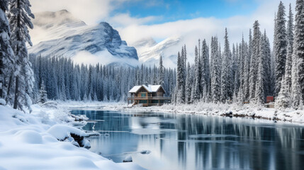 Beautiful view of Emerald Lake with snow covered and wooden lodge glowing in rocky mountains and pine forest on winter at Yoho national park, British Columbia, Canada - obrazy, fototapety, plakaty