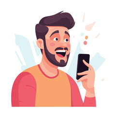 young man looking at his cellphone with a happy surprised face vector illustrations on a white background