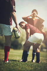 Rugby, start and fitness men with ball on a field with huddle, scrum and pitch, training and power...
