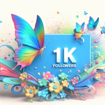 goal achieved celebration "1K thousand followers" written on abstract background, small colorful splashes of paint and with butterfly, social networks concept, generative ai