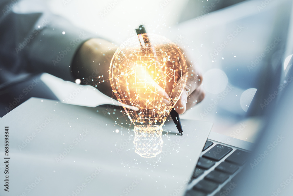 Aufkleber double exposure of creative light bulb hologram with hand writing in diary on background with laptop