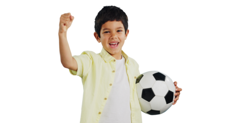 Isolated boy child, soccer ball and fist for portrait, celebration and excited for game by transparent png background. Champion kid, winner and happy for football, sports and success in competition