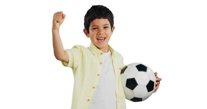 Isolated boy child, soccer ball and fist for portrait, celebration and excited for game by transparent png background. Champion kid, winner and happy for football, sports and success in competition
