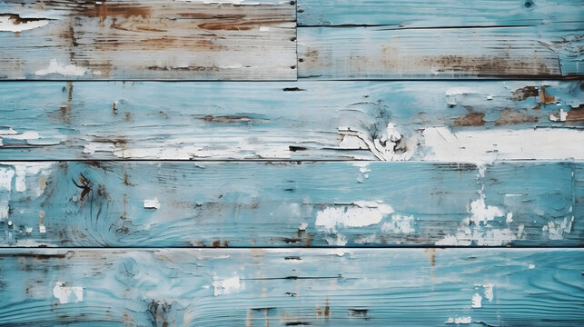 Vintage beach wood background - Old weathered wooden plank painted in turquoise or blue sea color. Generative AI.