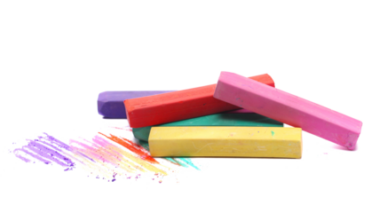 Colorful chalks pile with scribbles isolated on white, side view