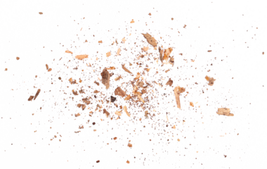 Wood pieces and dust, crushed tree bark isolated on white background, organic texture, top view