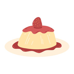 Delicious Pudding with Pink Glaze and Ripe Strawberry on Top