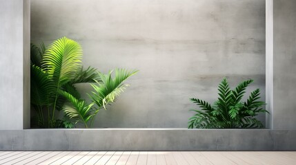 Blank concrete wall in modern empty room with tropical plant garden