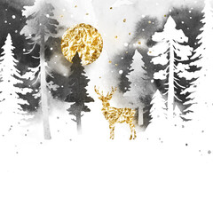 Watercolor vector landscape with deer, moon, coniferous forest in gray and golden colors. Nature illustration with watercolor vector splashes. Abstract design for christmas card, gift card, poster