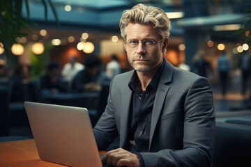 Fototapeta premium An aged man is working with a laptop in a public place