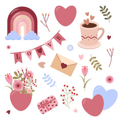 Valentines day big cute set of romantic elements with flowers, hearts, gifts, rainbow, cup of coffee. Stickers set. Hand drawn style. Vector illustration         