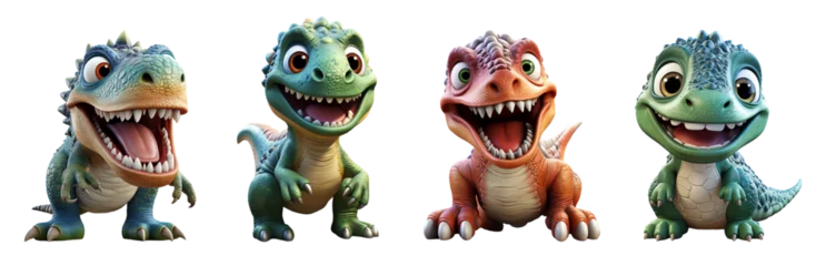 Foto op Plexiglas 3d illustration set of t rex dinosaur cartoon characters on transparent background, generative ai © neng kokom komala