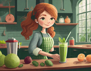 Woman making a smoothie in her kitchen, home lifestyle and wellbeing
